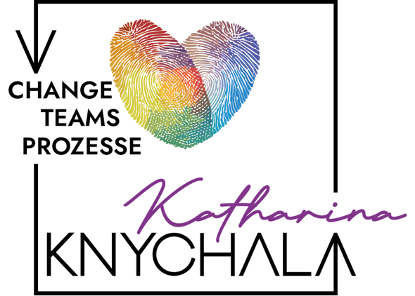 Ein Logo mit einem regenbogenfarbenen Herz aus Fingerabdr&uuml;cken, daneben der Text "Change Teams Prozesse" und darunter der Name "Katharina Knychala" in lila Schrift.