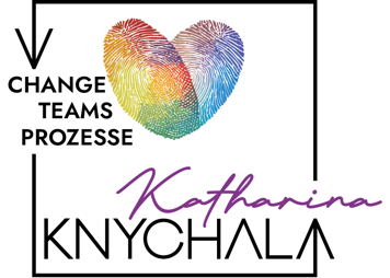 Ein Logo mit einem bunten Herz aus Fingerabdr&uuml;cken, daneben der Text "Change Teams Prozesse" und darunter der Name "Katharina Knychala" in stilisierter Schrift.