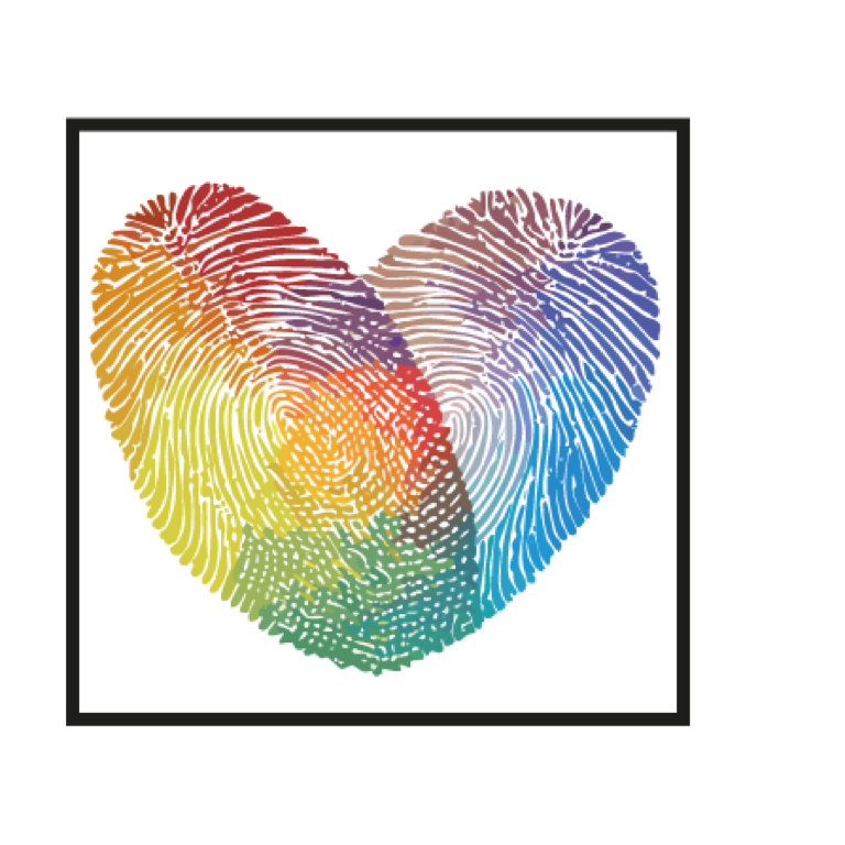 Herzform aus zwei sich &uuml;berschneidenden Fingerabdr&uuml;cken in Regenbogenfarben.